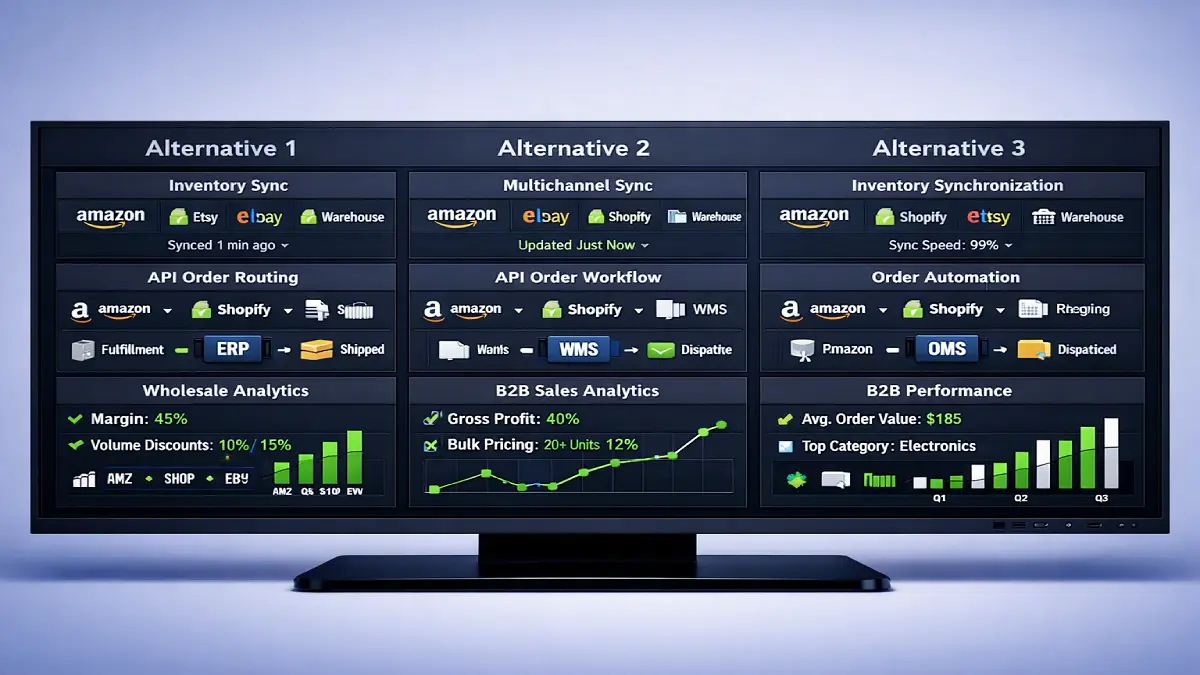 Dashboard comparison of top alternative to Linnworks software showing multichannel order routing and warehouse inventory sync