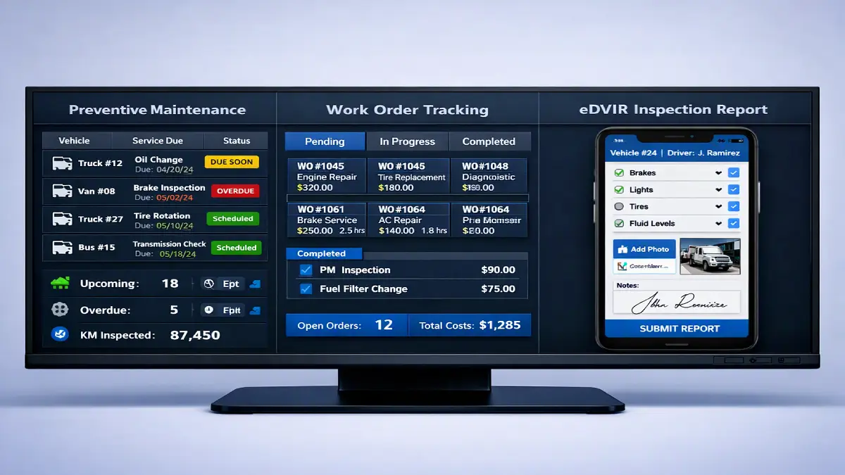 Dashboard comparison showing preventive maintenance scheduling, DVIR compliance, and work order tracking for commercial fleets