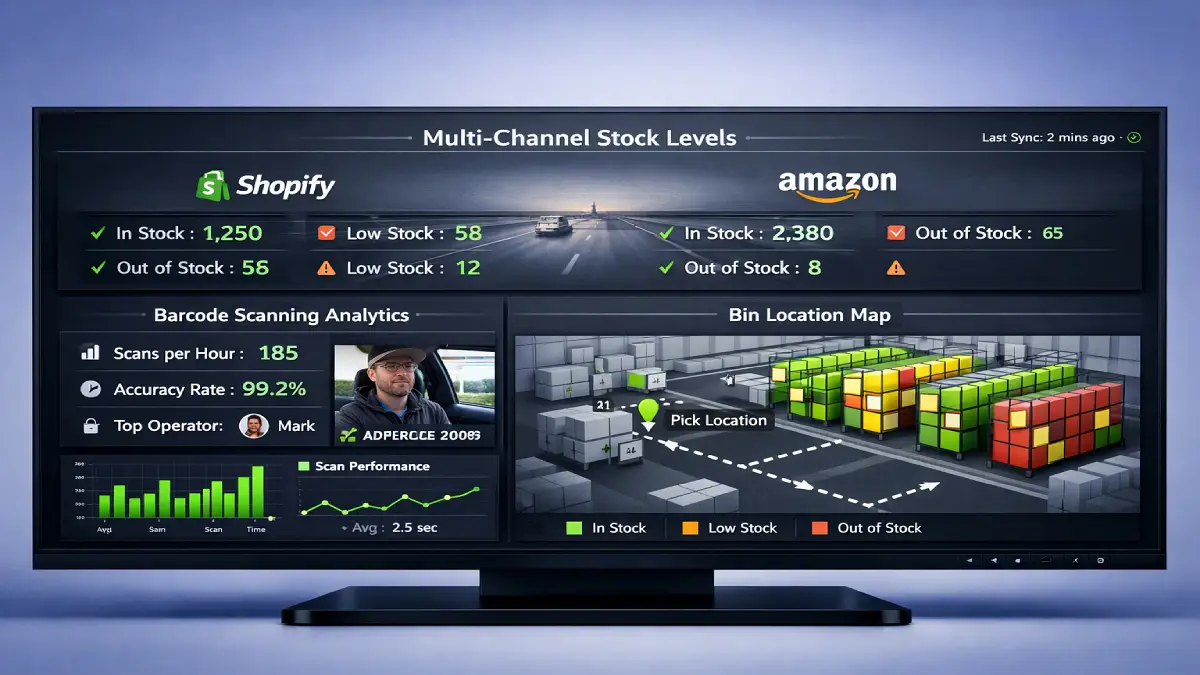 Dashboard interface showing cloud based inventory tracking software with mobile barcode scanning and real-time stock levels