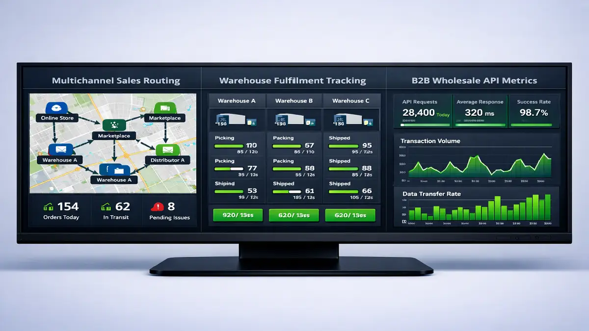 Dashboard comparison showing multichannel order routing and fulfillment tracking across cloud platforms