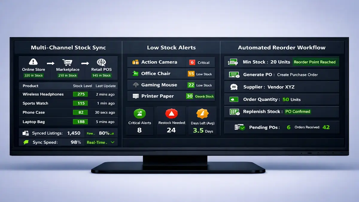 Dashboard interface showing real-time multi-channel stock synchronization and automated reorder points