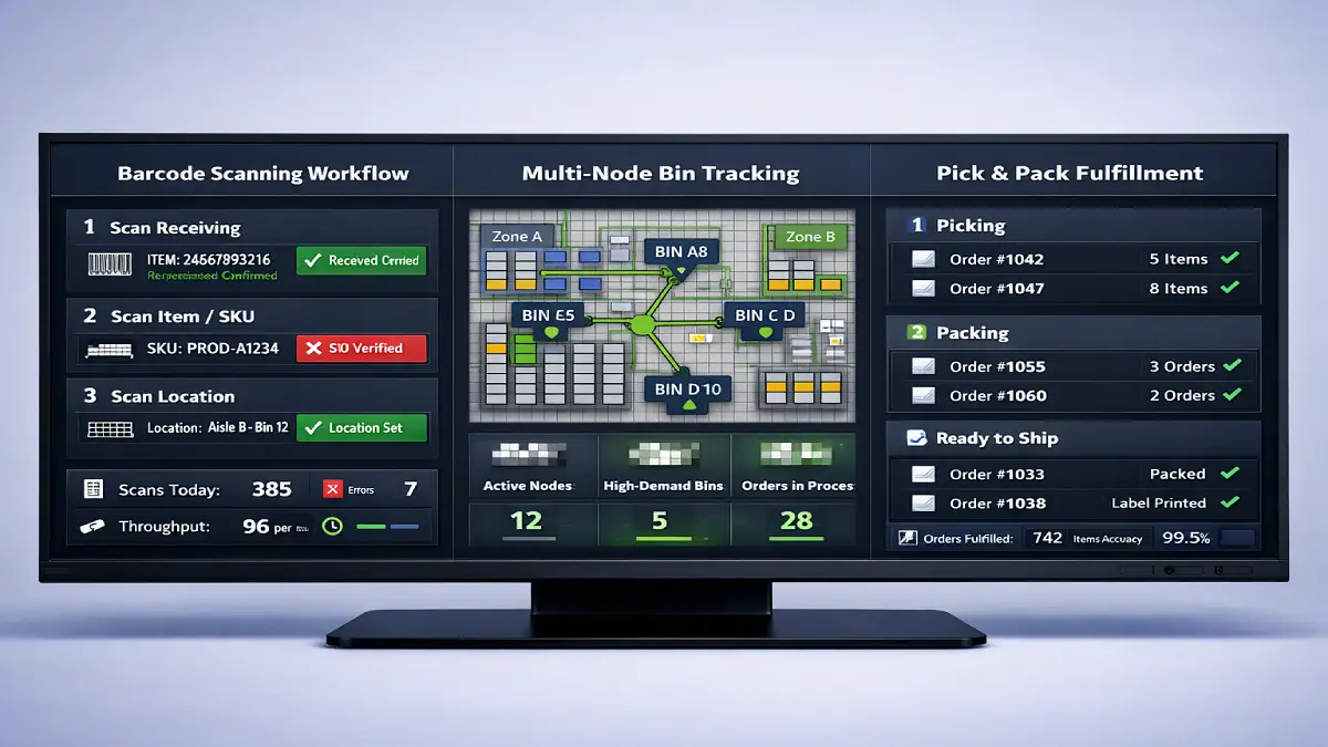 Dashboard comparison showing mobile barcode scanning and bin tracking workflows in a cloud warehouse management system
