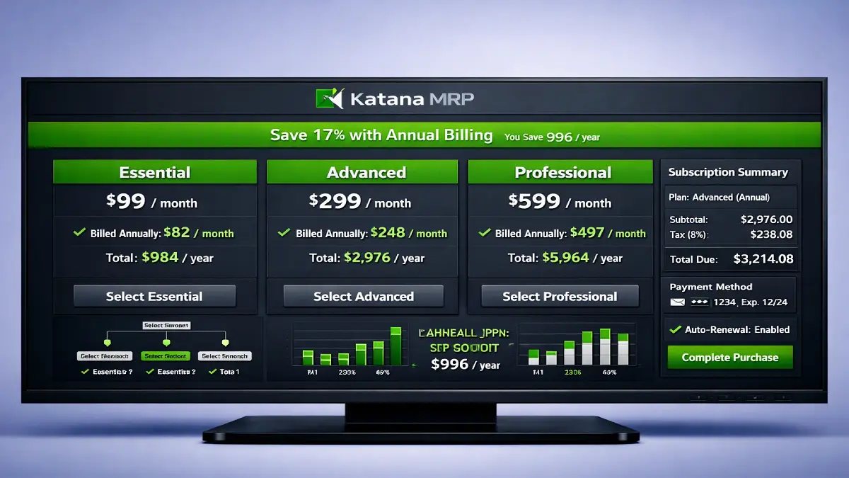 Dashboard showing Katana MRP annual billing discounts versus monthly subscription costs for manufacturing software