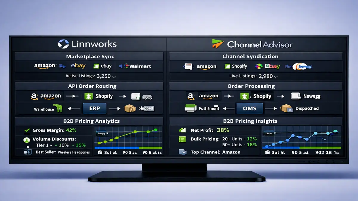 Dashboard comparison of Linnworks and ChannelAdvisor showing multichannel marketplace syndication and API order routing