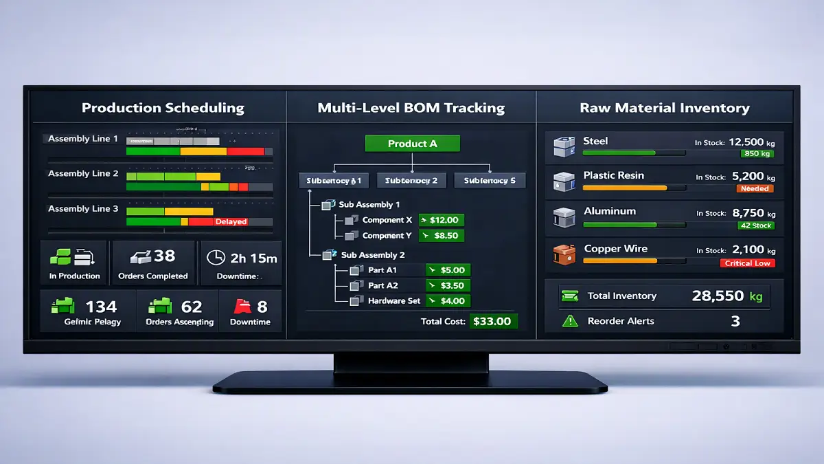 Dashboard comparison showing multi-level BOMs and shop floor control interfaces for small business manufacturing software