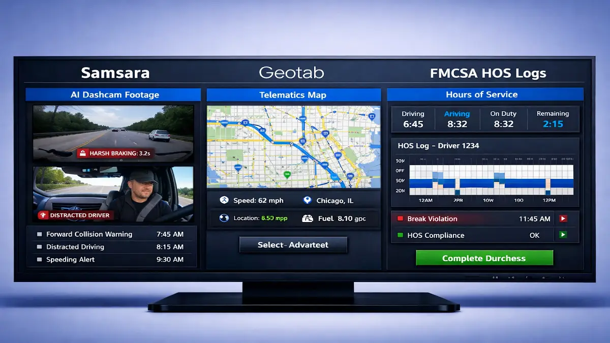 Dashboard comparison of Motive ELD alternatives showing Samsara AI dashcams, Geotab telematics, and FMCSA compliance logs