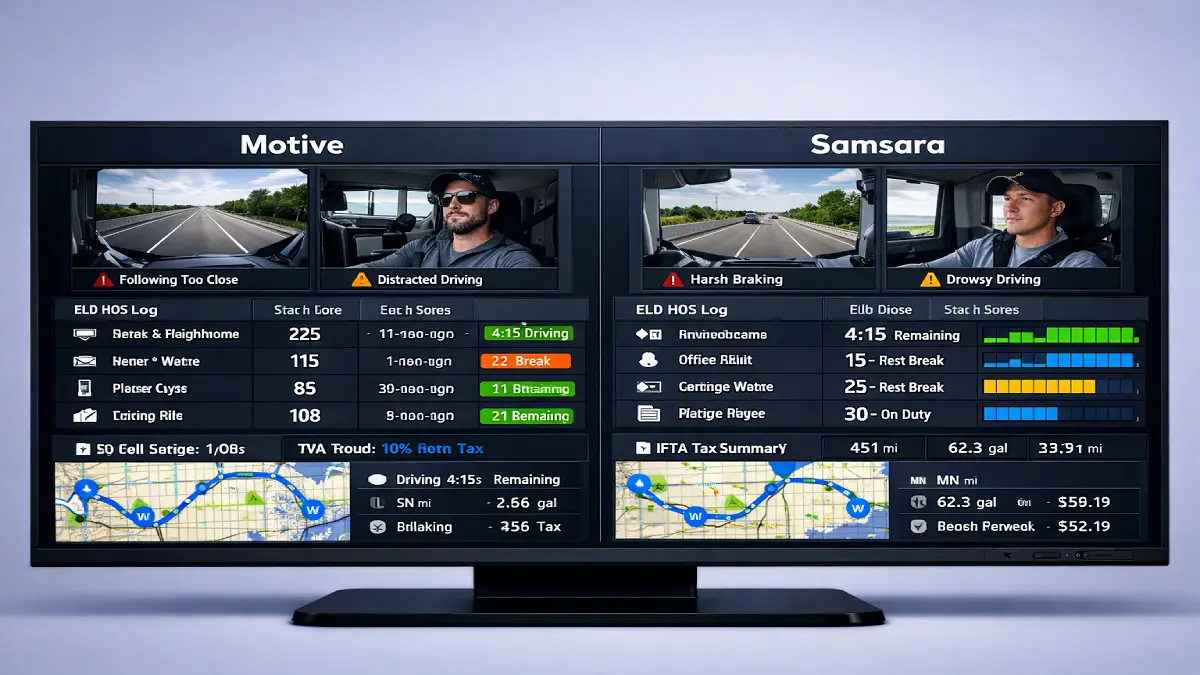 Dashboard comparison of Motive and Samsara showing AI dashcam footage, ELD compliance logs, and IFTA fuel tax reporting