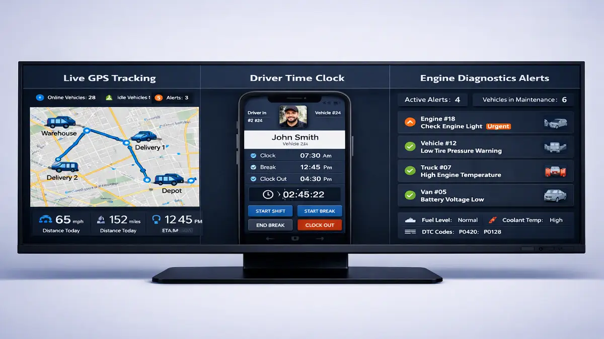 Dashboard interface comparing GPS tracking and driver dispatch for commercial vehicle tracking fleet management systems