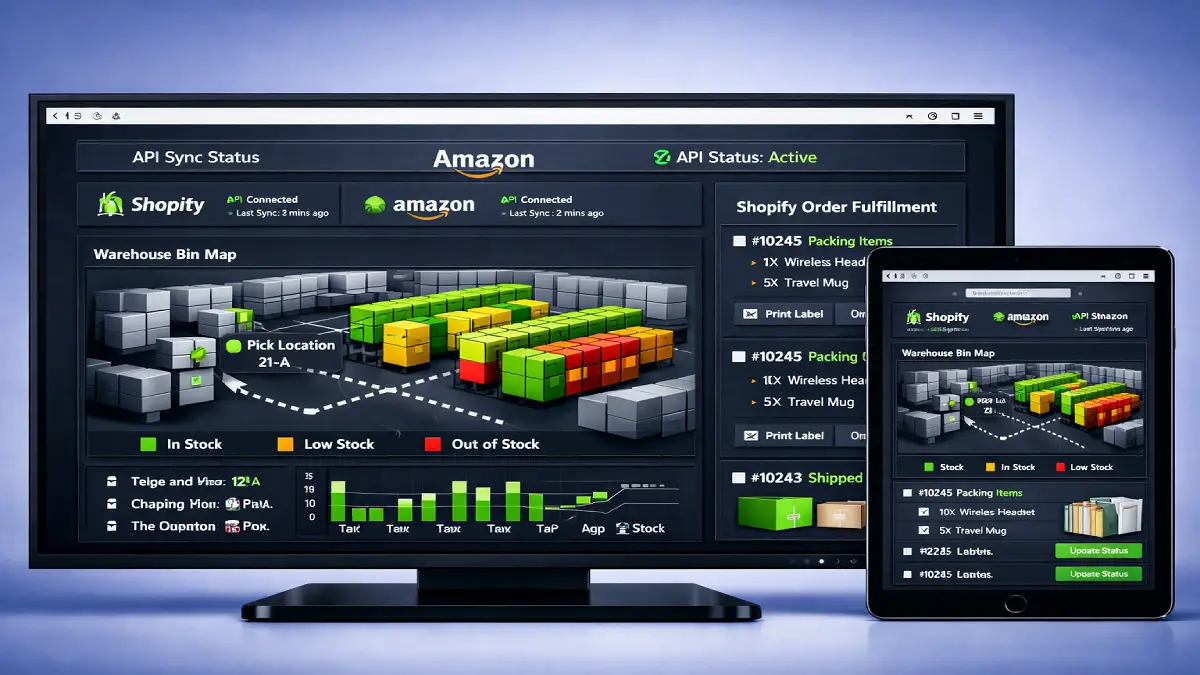 Dashboard comparison of web based inventory management systems accessed via Chrome browsers, showing live Shopify syncing and order routing